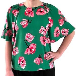 Who What Wear Short Bell Sleeve Floral Blouse - Green & Pink​​​​​​​​​​​